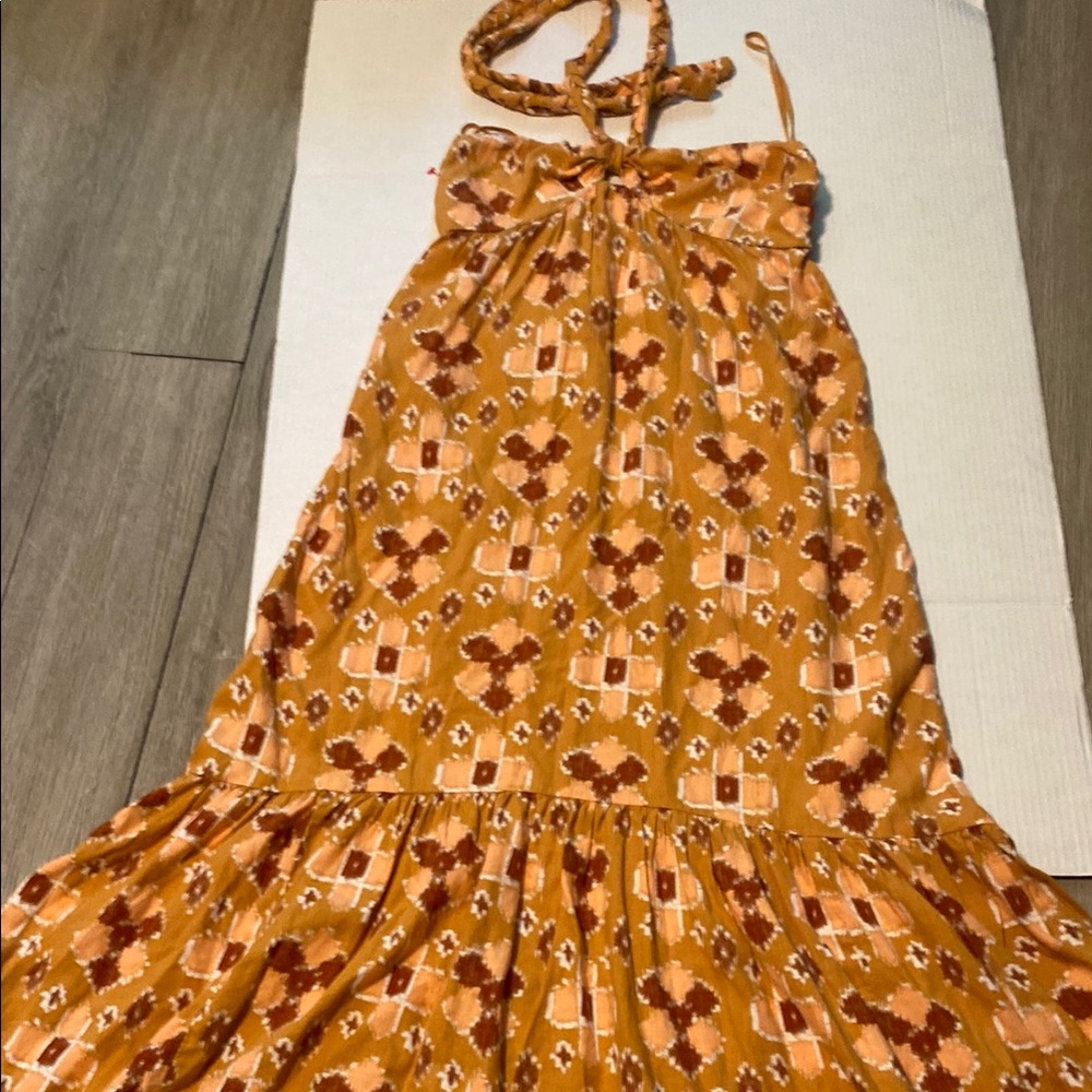 Aerie Strapless Dress in Mustard and Brown